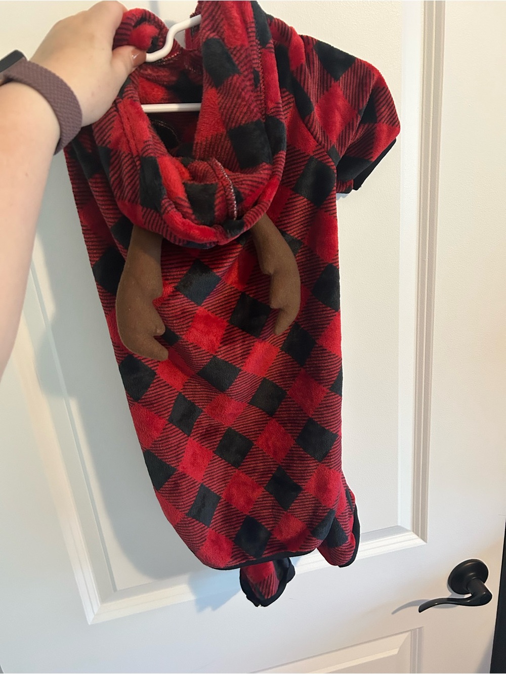 Plaid Red & Black Hooded Dog Pajama with Reindeer Antlers